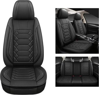 Leather Car Seat Covers Full Set, Waterproof Faux Leather Seat Covers for Cars, Non-Slip Car Interior Covers Universal Fit for Most Cars Sedans Trucks SUVs, Black