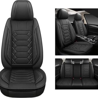 Leather Car Seat Covers Full Set, Waterproof Faux Leather Seat Covers for Cars, Non-Slip Car Interior Covers Universal Fit for Most Cars Sedans Trucks SUVs, Black