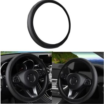 Leather Car Steering Wheel Cover for Men Women, Elastic, Breathable Anti-Slip, Universal 15 inch, (Black1)