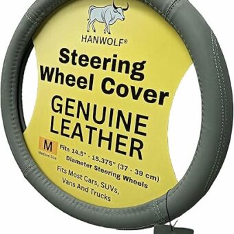 Leather Car Steering Wheel Cover, Light Gray, 15 inch, for Men and Women, Real, Universal, Stretch On, Heat Resistant, Stays Cool, Non-Slip, HANWOLF