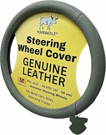 Leather Car Steering Wheel Cover, Light Gray, 15 inch, for Men and Women, Real, Universal, Stretch On, Heat Resistant, Stays Cool, Non-Slip, HANWOLF