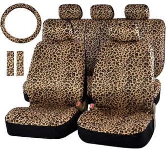 Leopard Car Seat Covers Full Set with Steering Wheel Cover 2 Seat Belt Pads, Cheetah Print Seat Covers for Cars for Women,Airbag Compatible,Universal Fits for Cars,SUV,Truck