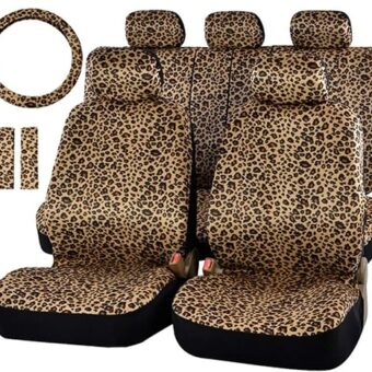 Leopard Car Seat Covers Full Set with Steering Wheel Cover 2 Seat Belt Pads, Cheetah Print Seat Covers for Cars for Women,Airbag Compatible,Universal Fits for Cars,SUV,Truck