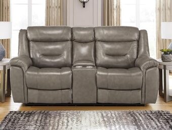 Lexicon Finlay Top Grain Leather Power Double Reclining Love Seat with Center Console, Brownish Gray