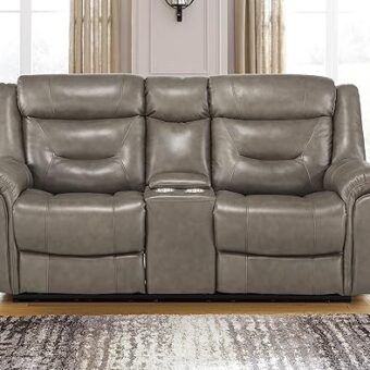 Lexicon Finlay Top Grain Leather Power Double Reclining Love Seat with Center Console, Brownish Gray