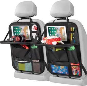 LUCMO Car Backseat Organizer with Tablet Holder-2 Pack,6 Storage Pockets Car Storage Organizer with Foldable Food Tray,Car Seat Back Protectors Kick Mats Travel Accessories-Black