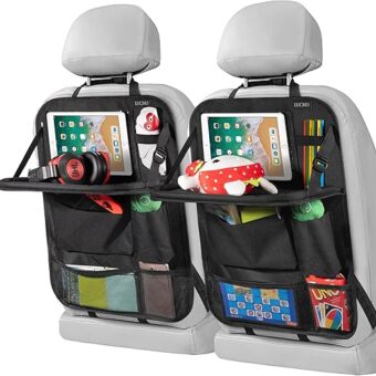 LUCMO Car Backseat Organizer with Tablet Holder-2 Pack,6 Storage Pockets Car Storage Organizer with Foldable Food Tray,Car Seat Back Protectors Kick Mats Travel Accessories-Black