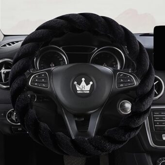 Luxury Fluffy Winter Car Steering Wheel Cover for Women Soft Warm Plush Cute Auto Accessories for Vehicle, Sedan, Universal, Fuzzy, Anti Slip, Black, 14in, Standard Size...