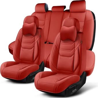 Martha Red Car Seat Covers Full Set, Breathable Leather Automotive Front and Rear Seat Covers & Headrest for Comfortable Driving, Universal Auto Interior Fit for Most Kinds of...