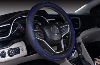 Mayco Bell Universal Standard Size Steering Wheel Cover Anti-Slip,Safety,Soft,Breathable,Durable,Full Surround,Comfortable Grip Microfiber Leather (14.5-15 inch,Black Dark Blue)