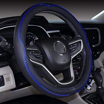 Mayco Bell Universal Standard Size Steering Wheel Cover Anti-Slip,Safety,Soft,Breathable,Durable,Full Surround,Comfortable Grip Microfiber Leather (14.5-15 inch,Black Dark Blue)