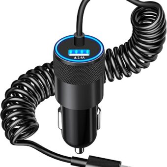 【MFi Certified】iPhone Fast Car Charger, Caiinei 4.8A Dual USB Power Car Charger Fast Charging Cigarette Lighter Adapter+6FT Coiled Lightning Cable for iPhone 14 13 12 11 Pro/XS...