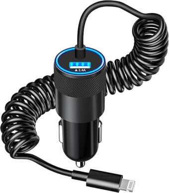 【MFi Certified】iPhone Fast Car Charger, Caiinei 4.8A Dual USB Power Car Charger Fast Charging Cigarette Lighter Adapter+6FT Coiled Lightning Cable for iPhone 14 13 12 11 Pro/XS...