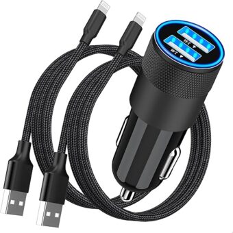 【MFi Certified】iPhone Fast Car Charger, Rombica 4.8A Dual USB Smart Power Cigarette Lighter USB Car Charger + 2Pack Lightning to USB Braided Cable for iPhone 14 13 12 11 Pro/XS...