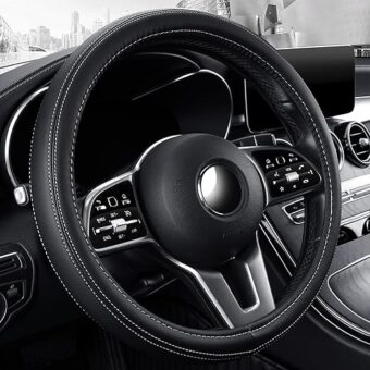 Microfiber Leather 15" Universal Fit Car Steering Wheel Cover, Elastic Breathable and Odorless, Black with White Accent