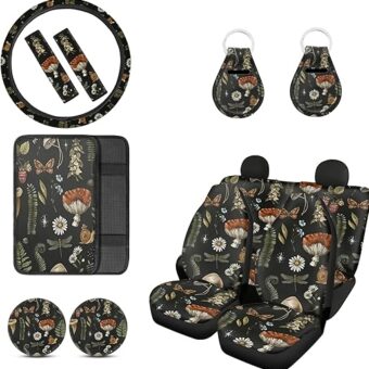 Mushroom Car Seat Covers Full Set of 12 Pcs,Retro Mushroom Auto Steering Wheel Cover/Seatbelt Pad/Armrest Cushion/Coaster/Keychain Universal Auto Interior Protector Accessory