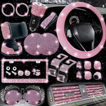 NBTEPEM 27 PCs Pink Bling Car Accessories Set for Women, Bling Steering Wheel Covers Universal Fit 15 Inch, Bling License Plate Frame, Bling Phone Holder, Bling Car Coasters...