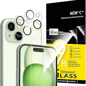 NEW'C 4 Pack, 2 Pack Screen Protector for iPhone 15 [6.1 inch] + 2 Pack Camera Lens Protector, Sensor Protection,Case Friendly Tempered Glass Film