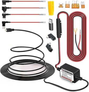 NUNET 15ft MicroUSB & MiniUSB Hardwire Kit with Mini/LP Mini/ATO/Micro2 Fuse, Micro to Mini/Type-C Adapters, Battery Drain Protection System, 15ft Length Cord for Dash Cameras