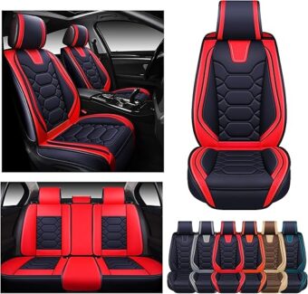 OASIS AUTO Car Seat Covers Premium Waterproof Faux Leather Cushion Universal Accessories Fit SUV Truck Sedan Automotive Vehicle Auto Interior Protector Full Set (OS-004 Black&Red)