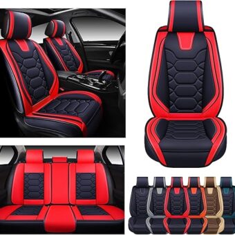 OASIS AUTO Car Seat Covers Premium Waterproof Faux Leather Cushion Universal Accessories Fit SUV Truck Sedan Automotive Vehicle Auto Interior Protector Full Set (OS-004 Black&Red)