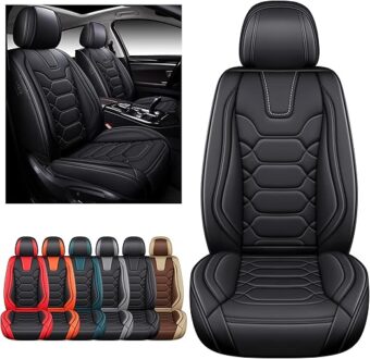 OASIS AUTO Car Seat Covers Premium Waterproof Faux Leather Cushion Universal Accessories Fit SUV Truck Sedan Automotive Vehicle Auto Interior Protector Front Pair (OD-004 Black)