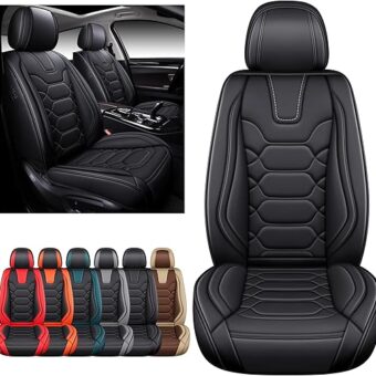 OASIS AUTO Car Seat Covers Premium Waterproof Faux Leather Cushion Universal Accessories Fit SUV Truck Sedan Automotive Vehicle Auto Interior Protector Front Pair (OD-004 Black)