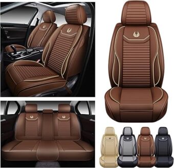 OASIS AUTO Car Seat Covers Premium Waterproof Faux Leather Cushion Universal Accessories Fit SUV Truck Sedan Automotive Vehicle Auto Interior Protector Full Set (OD-008 Brown)