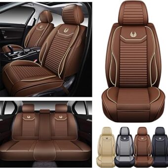 OASIS AUTO Car Seat Covers Premium Waterproof Faux Leather Cushion Universal Accessories Fit SUV Truck Sedan Automotive Vehicle Auto Interior Protector Full Set (OD-008 Brown)