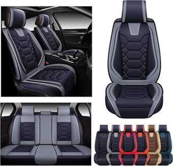 OASIS AUTO Car Seat Covers Premium Waterproof Faux Leather Cushion Universal Accessories Fit SUV Truck Sedan Automotive Vehicle Auto Interior Protector Full Set (OS-004 Black&Gray)