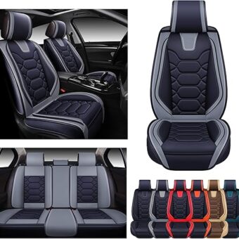 OASIS AUTO Car Seat Covers Premium Waterproof Faux Leather Cushion Universal Accessories Fit SUV Truck Sedan Automotive Vehicle Auto Interior Protector Full Set (OS-004 Black&Gray)