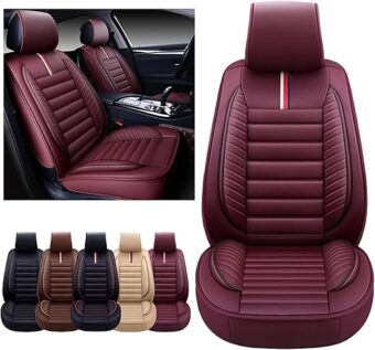 OASIS AUTO Car Seat Covers Premium Waterproof Faux Leather Cushion Universal Accessories Fit SUV Truck Sedan Automotive Vehicle Auto Interior Protector Front Pair (OS-001 Burgundy)