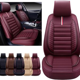 OASIS AUTO Car Seat Covers Premium Waterproof Faux Leather Cushion Universal Accessories Fit SUV Truck Sedan Automotive Vehicle Auto Interior Protector Front Pair (OS-001 Burgundy)