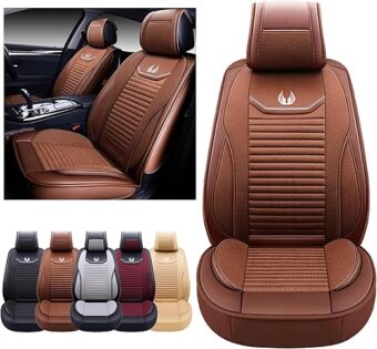 OASIS AUTO Car Seat Covers Premium Waterproof Faux Leather Cushion Universal Accessories Fit SUV Truck Sedan Automotive Vehicle Auto Interior Protector Front Pair (OS-008 Brown)