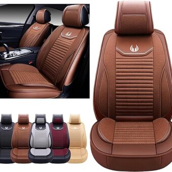 OASIS AUTO Car Seat Covers Premium Waterproof Faux Leather Cushion Universal Accessories Fit SUV Truck Sedan Automotive Vehicle Auto Interior Protector Front Pair (OS-008 Brown)