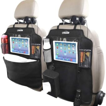 Oasser Kick Mats Seat Back Protector Car Seat Organizer Back of Seat Protector 2 Pack XL with 1 Tissue Box Clear 12.9" Ipad Holder 3 Large Car Organizers and Storage