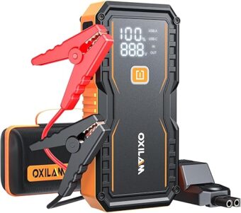 OXILAM Jump Starter 6000A for All Gas/12L Diesel, Car Battery Jumper Starter Portable, UltraSafe 12V Lithium Jump Box with Jumper Cables, LED Display, LED Light, Power Bank with...