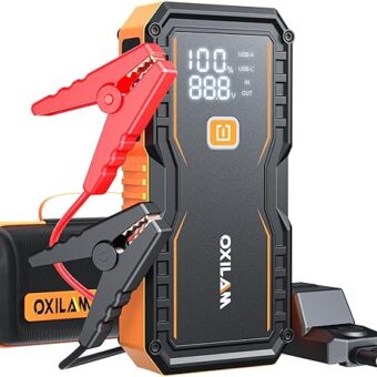 OXILAM Jump Starter 6000A for All Gas/12L Diesel, Car Battery Jumper Starter Portable, UltraSafe 12V Lithium Jump Box with Jumper Cables, LED Display, LED Light, Power Bank with...