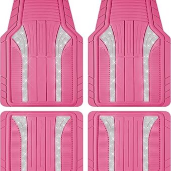 PIC AUTO Bling Rubber Floor Mats, Sparkly Glitter Hot Pink Car Mats Set, Heavy Duty All Weather Waterproof Mats Pad for Girls & Women Universal Fit for Automotive SUV, Sedan, Van