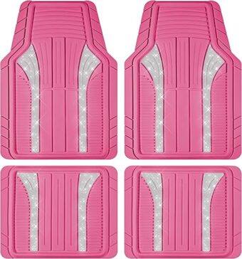 PIC AUTO Bling Rubber Floor Mats, Sparkly Glitter Hot Pink Car Mats Set, Heavy Duty All Weather Waterproof Mats Pad for Girls & Women Universal Fit for Automotive SUV, Sedan, Van