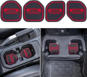 PIMCAR Compatible with 2018-2023 2024 Wrangler JL/JLU and 2020-2023 2024 Gladiator JT Cup Holder Inserts Coaster Interior Accessories Cup Mat Pad - Red (4Pcs Kit) (for deep Rear...