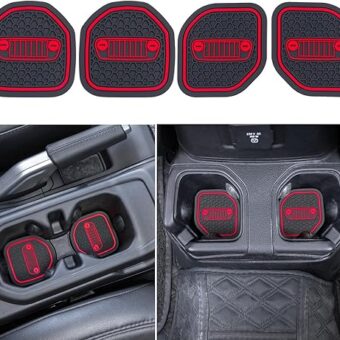 PIMCAR Compatible with 2018-2023 2024 Wrangler JL/JLU and 2020-2023 2024 Gladiator JT Cup Holder Inserts Coaster Interior Accessories Cup Mat Pad - Red (4Pcs Kit) (for deep Rear...