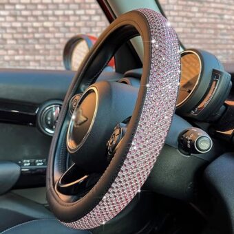 PINCTROT Bling Bling Comfy Steering Wheel Cover with Jumbo Crystal Rhinestones, Anti-Slip Diamond Leather, Universal 14.5-15 Inch (Pink)