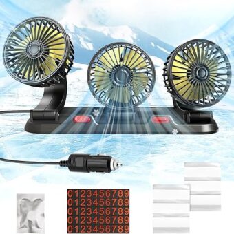 Portable 3-Head Car Cooling Fan - 2-Speed Adjustable, 360° Rotating, Cigarette Lighter Plug, Powerful Airflow for Vehicles, RVs, and SUVs