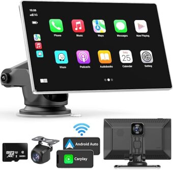 Portable Apple Carplay Screen for Car, 9" Wireless Apple Carplay & Android Auto,4K Dash Cam,1080p Backup Camera DVR,Car Audio Receivers GPS Navigation Mirror Link, Bluetooth,FM,...