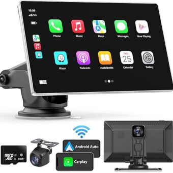 Portable Apple Carplay Screen for Car, 9" Wireless Apple Carplay & Android Auto,4K Dash Cam,1080p Backup Camera DVR,Car Audio Receivers GPS Navigation Mirror Link, Bluetooth,FM,...