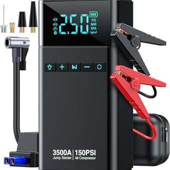 Portable Car Jump Starter with Air Compressor, 3500A 150PSI Car Battery Jump Starter Battery Pack (All Gas/10L Diesel), 12V Car Jump Box Car Battery Jumper Starter, Large LCD...