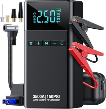 Portable Car Jump Starter with Air Compressor, 3500A 150PSI Car Battery Jump Starter Battery Pack (All Gas/10L Diesel), 12V Car Jump Box Car Battery Jumper Starter, Large LCD...