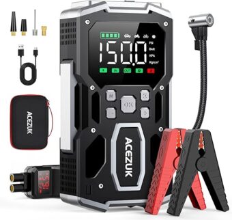 Portable Car Jump Starter with Air Compressor, ACEZUK 150PSI 5000A Jump Starter (All Gas/10.0L Diesel), 12V Car Battery Jump Box Car Battery Jumper Starter with 3.4" LCD...