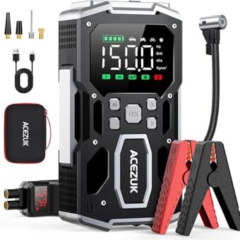 Portable Car Jump Starter with Air Compressor, ACEZUK 150PSI 5000A Jump Starter (All Gas/10.0L Diesel), 12V Car Battery Jump Box Car Battery Jumper Starter with 3.4" LCD...